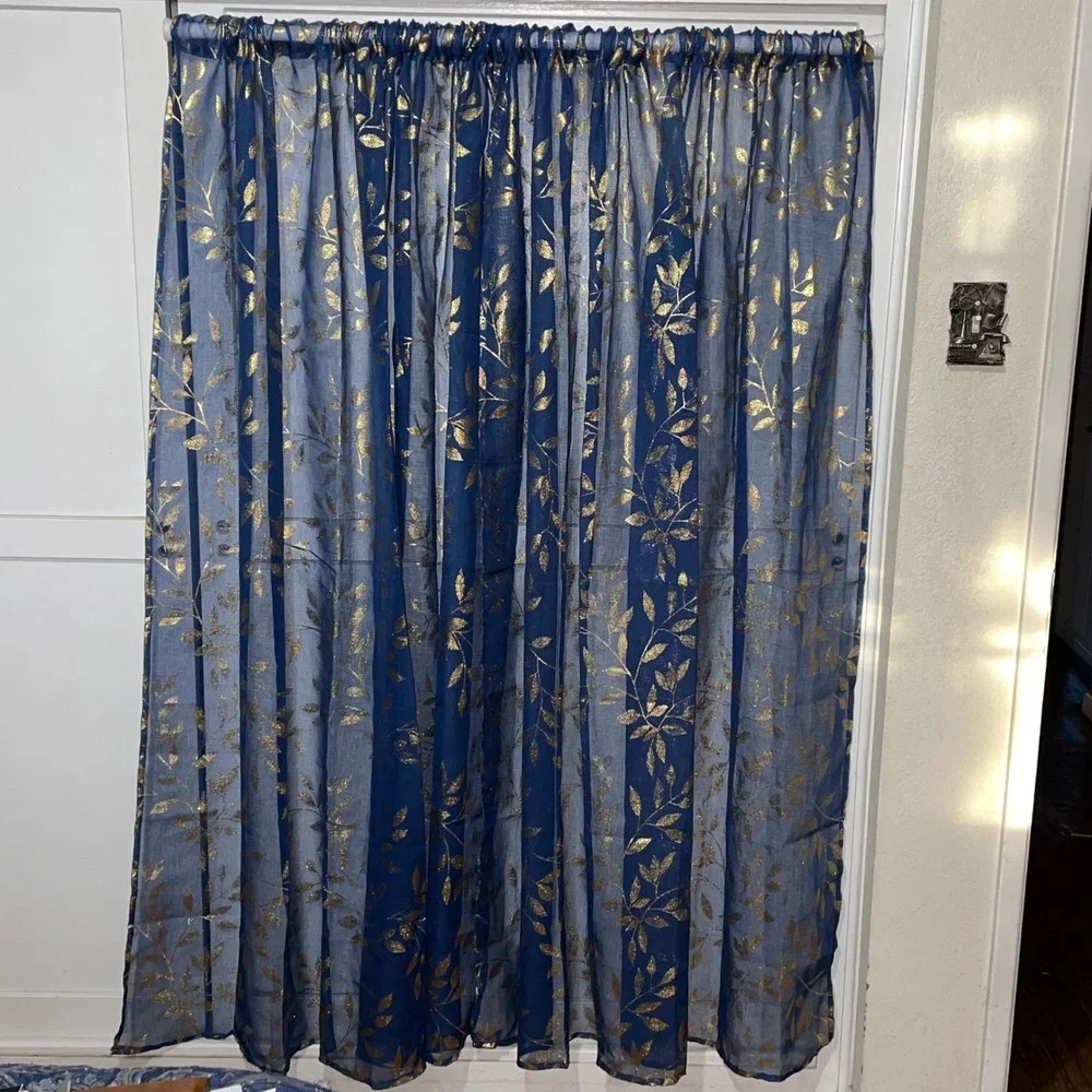 Navy Blue Sheer Curtains with Gold Foil Leaf Pattern Rod Pocket Pair 52x62